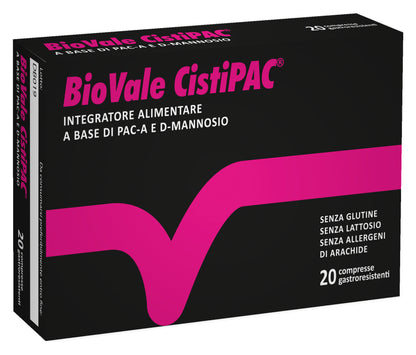 Confezione di BioVale Cistipac, il supporto naturale più efficace per le cistiti ricorrenti e per le prostatiti, grazie ad una formulazione innovativa e unica sul mercato italiano ed europeo.