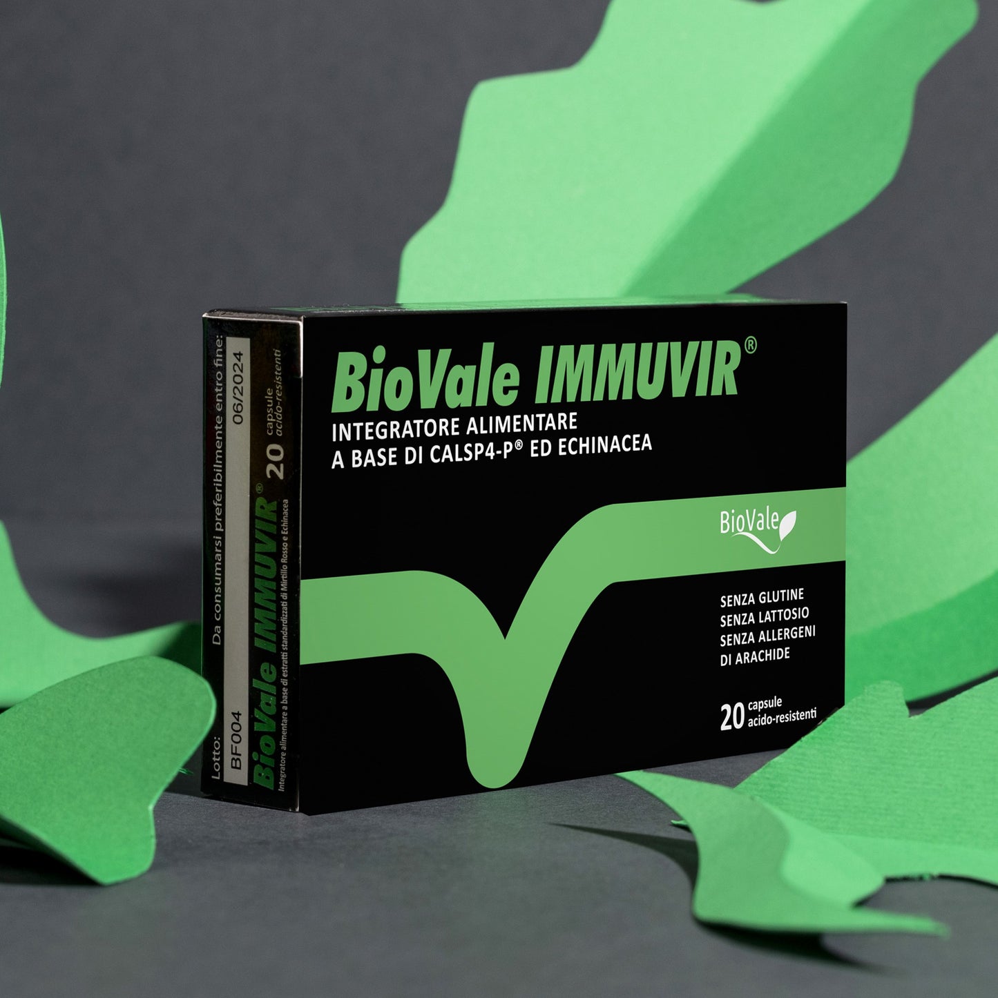 Confezione di BioVale Immuvir (con sfondo), l'integratore alimentare a base di estratti di piante ricche in Proantocianidine di tipo A (PAC-A) di pino, vite, mirtillo, arachidi, bioattive, immunostimolanti e antiossidanti e di Echinacea, utile a favorire la funzionalità delle naturali difese dell'organismo e delle prime vie respiratorie.