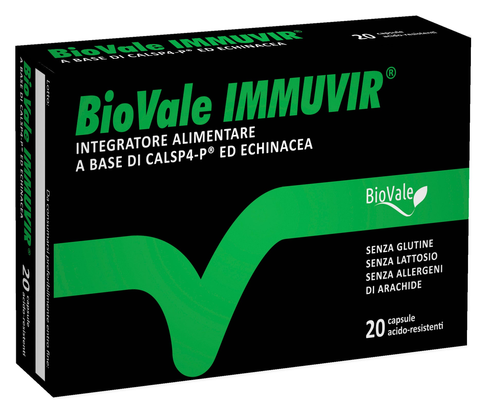 Confezione di BioVale Immuvir, l'integratore alimentare a base di estratti di piante ricche in Proantocianidine di tipo A (PAC-A) di pino, vite, mirtillo, arachidi, bioattive, immunostimolanti e antiossidanti e di Echinacea, utile a favorire la funzionalità delle naturali difese dell'organismo e delle prime vie respiratorie.