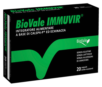 Confezione di BioVale Immuvir, l'integratore alimentare a base di estratti di piante ricche in Proantocianidine di tipo A (PAC-A) di pino, vite, mirtillo, arachidi, bioattive, immunostimolanti e antiossidanti e di Echinacea, utile a favorire la funzionalità delle naturali difese dell'organismo e delle prime vie respiratorie.