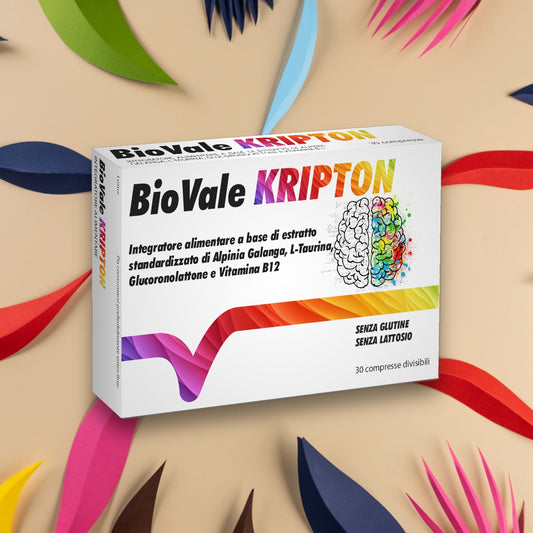 Confezione di BioVale Kripton (con sfondo), l’integratore alimentare che offre un approccio unico per aumentare le prestazioni cognitive e fisiche, migliorando la prontezza e la concentrazione mentale fino a 5 ore.