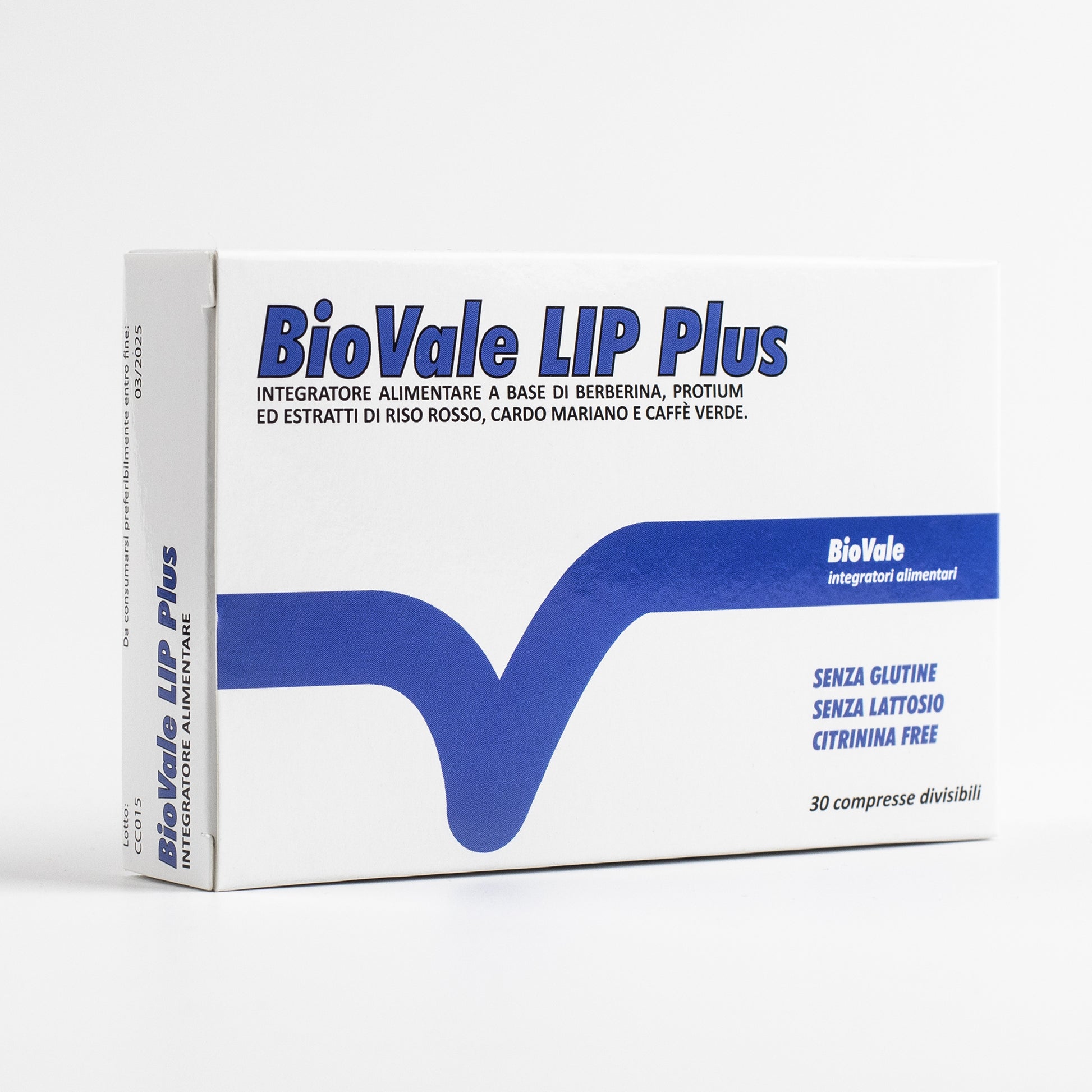 Confezione di BioVale Lip, l'integratore alimentare ideale per ridurre i livelli plasmatici del colesterolo, risponde alle normative Europee in merito al dosaggio di assunzione giornaliera di monacolina.