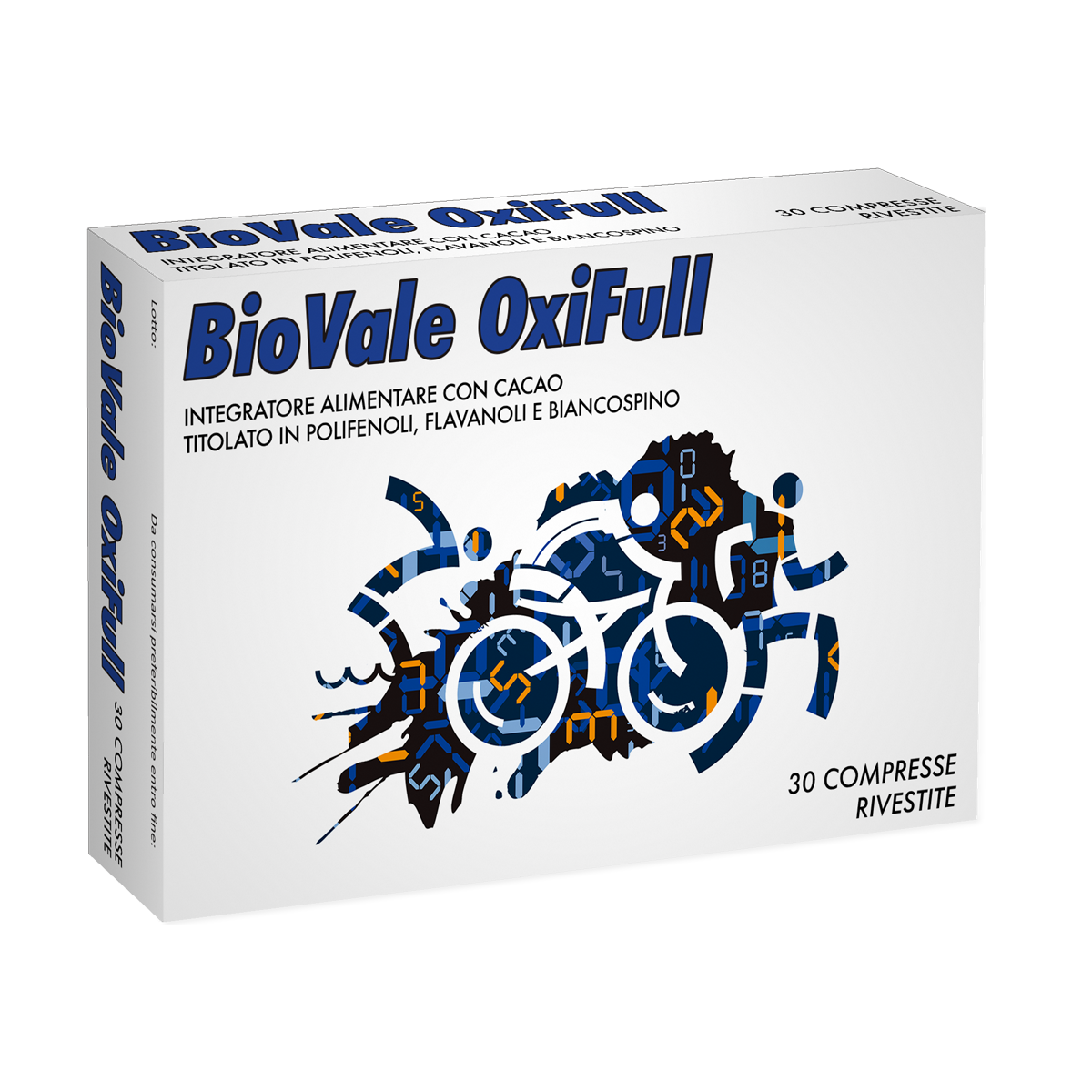 Confezione di BioVale OXIFULL, l'integratore alimentare a base di estratto di Cacao, titolato in polifenoli e flavanoli, noto per la sua azione tonica e di sostegno metabolico. Lʼestratto di Biancospino favorisce la regolare funzionalità dellʼapparato cardiovascolare e della pressione arteriosa. Lʼestratto di Cacao e di Biancospino svolgono una attività antiossidante.