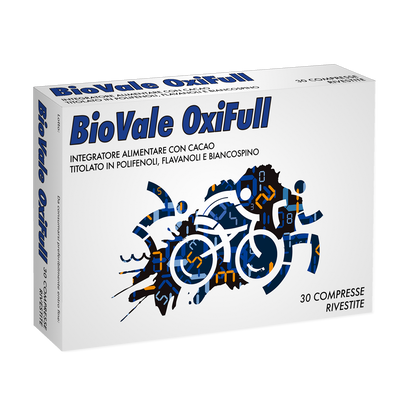 Confezione di BioVale OXIFULL, l'integratore alimentare a base di estratto di Cacao, titolato in polifenoli e flavanoli, noto per la sua azione tonica e di sostegno metabolico. Lʼestratto di Biancospino favorisce la regolare funzionalità dellʼapparato cardiovascolare e della pressione arteriosa. Lʼestratto di Cacao e di Biancospino svolgono una attività antiossidante.