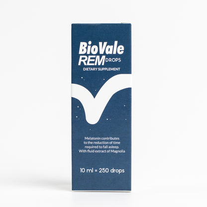 Confezione di BioVale REM Gocce, l'integratore alimentare a base di melatonina, solubilizzata in un estratto fluido idroalcolico di magnolia. L’ideale per migliorare il ciclo sonno/veglia, alleviare lo stress e la tensione nervosa. 