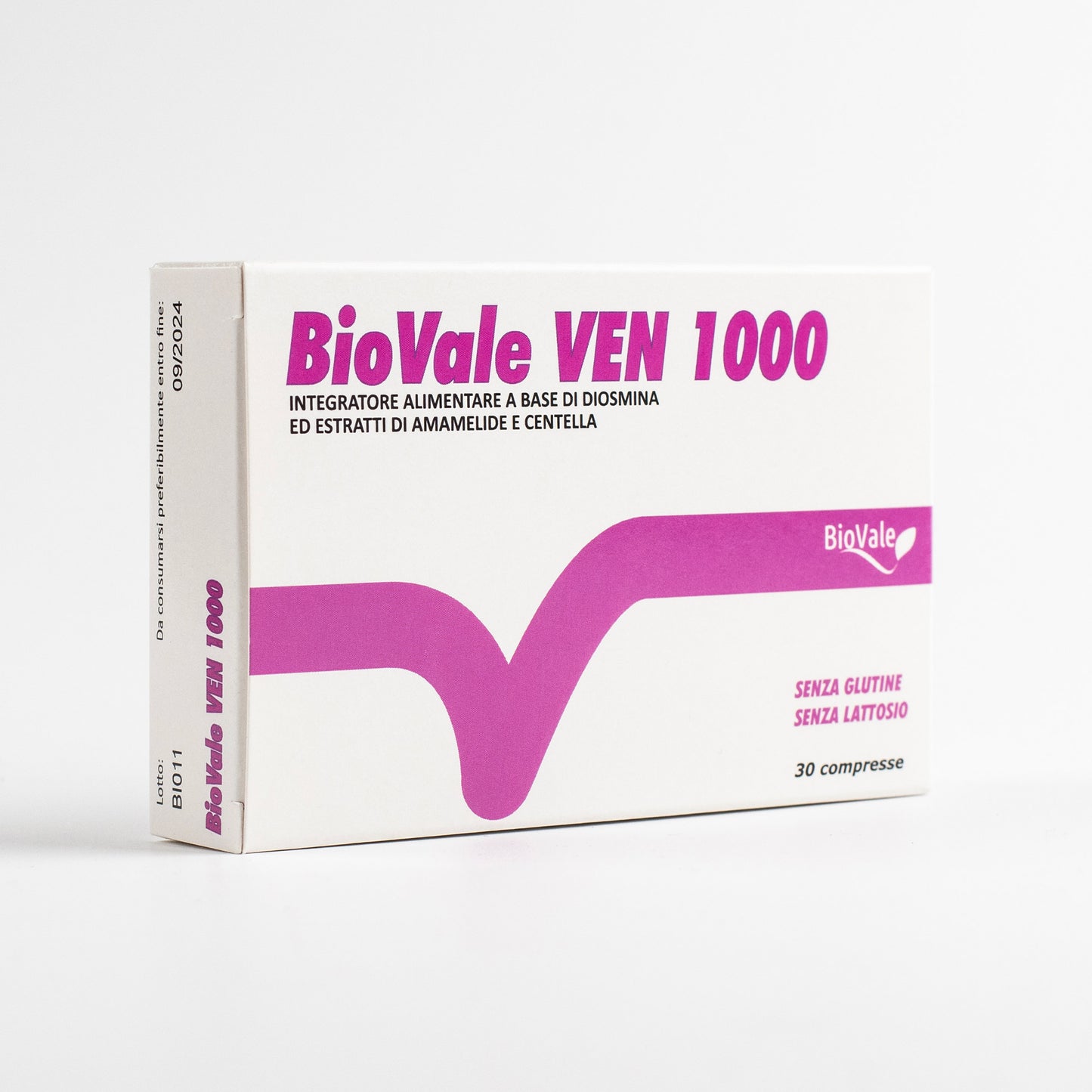 Confezione di BioVale VEN 1000, l'integratore alimentare a base di Diosmina ed estratto di Amamelide e Centella. BioVale Ven 1000 è l’ideale per ridurre ed eliminare gonfiore e pesantezza alle gambe.